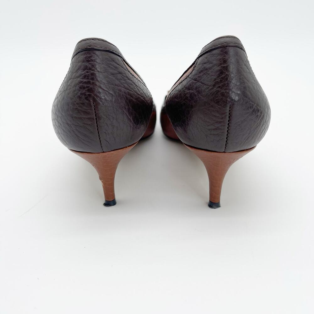 Dolce & Gabbana Vintage Brown Leather Fringe DG Chain Cap Toe Kitten Heels IT 40 - Picture 10 of 13
